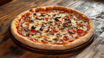 Delicious Mushroom and Olive Pizza on Wooden Table