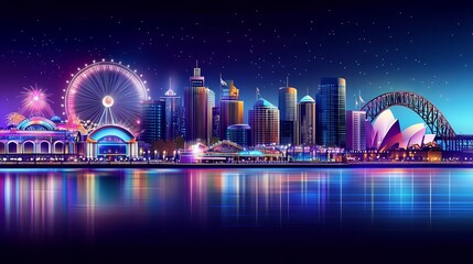 Evening at Luna Park Modern vector with the gate and entrance to an amusement spot in Australia Features attractions rides Ferris wheel fireworks and fun activities