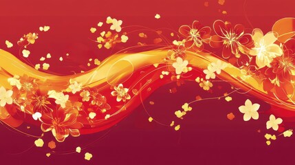 Vibrant abstract Spring Festival design with flowing golden symbols, set against a rich red background.