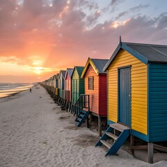 beach huts at sunset