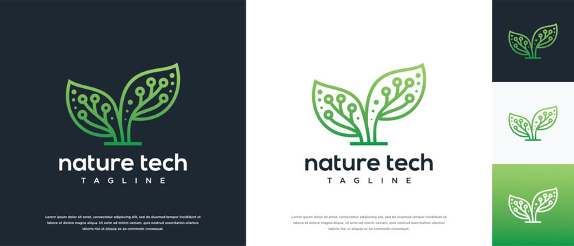Green leaf technology logo design template. Nature leaf digital technology logo design vector icon