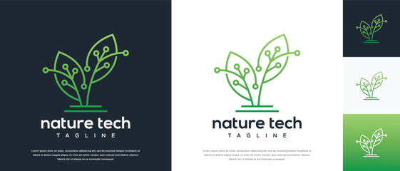 Green leaf technology logo design template. Nature leaf digital technology logo design vector icon