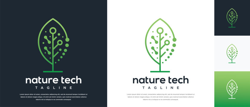 Green leaf technology logo design template. Nature leaf digital technology logo design vector icon