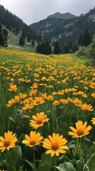 Fototapeta premium Yellow wildflowers blooming in a lush green field during springtime
