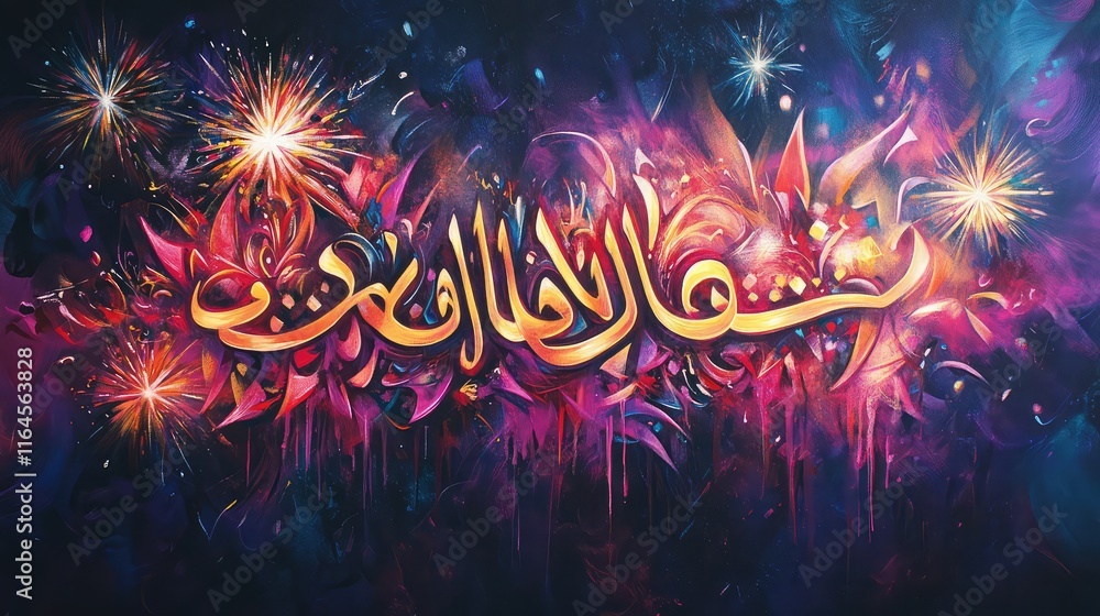 Poster vibrant calligraphy art with sparkling fireworks in the background, creating an atmosphere of joy an