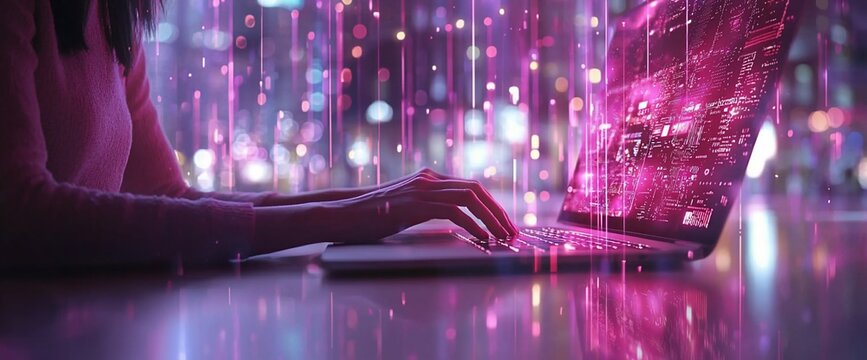 Woman using laptop with futuristic digital data stream.