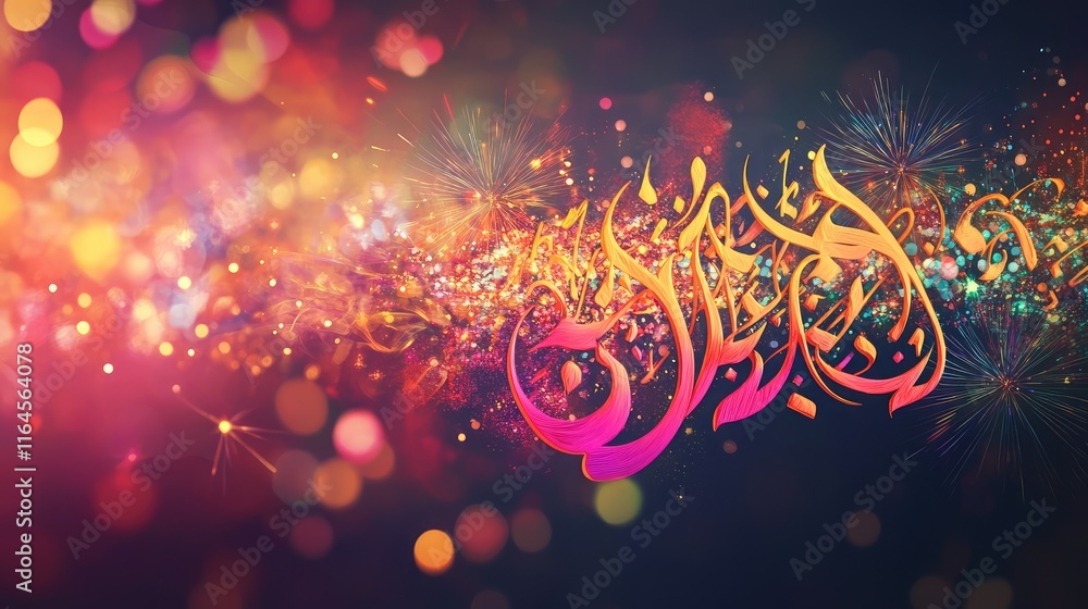 Poster vibrant calligraphy art with sparkling fireworks in the background, creating an atmosphere of joy an