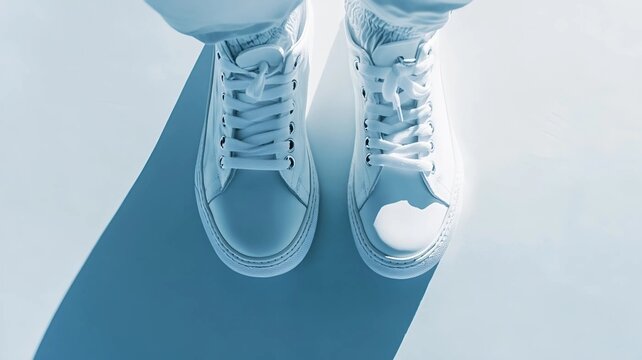 Imagen minimalista y brillante que muestra la parte inferior de las piernas y los pies de una persona que usa zapatillas blancas.