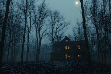 Haunted old house in a misty forest at night with a glowing moon, surrounded by barren trees, creating an eerie atmosphere