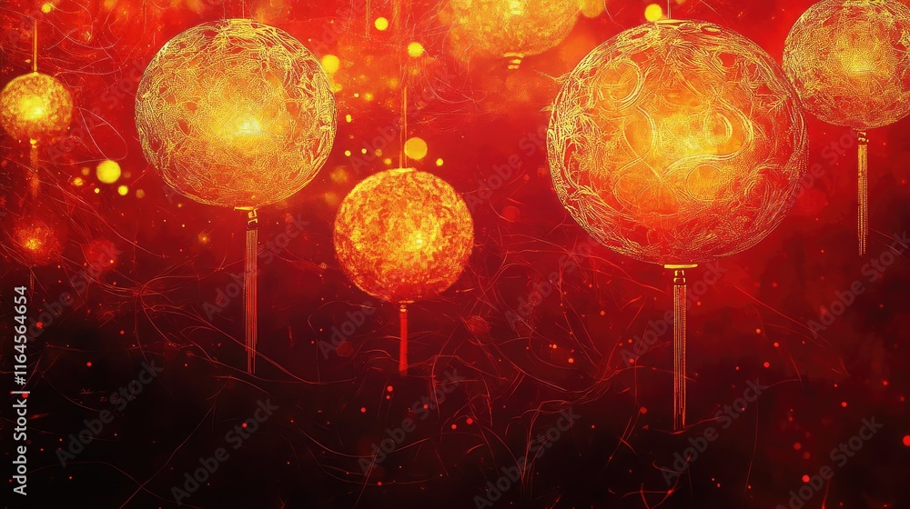 Poster vibrant chinese new year lanterns with intricate golden patterns glowing on a deep red abstract back