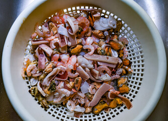 Seafood mix frozen food from mussel meat, squid rings and prawns