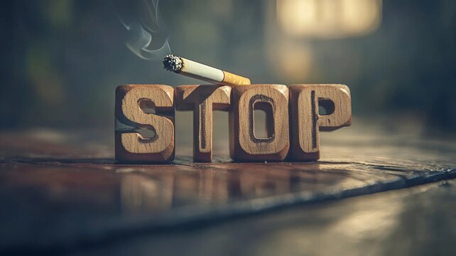 La palabra "STOP" hecha de bloques de madera con un cigarrillo encima, sobre un fondo de madera. Concepto de no fumar