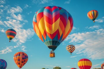 Obraz premium Colorful hot air balloons soaring in a blue sky during a sunny day