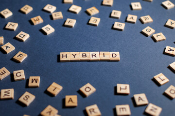 word hybrid on a dark background spelled with wooden letters