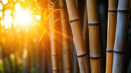 A row of bamboo trees with the sun shining through the leaves