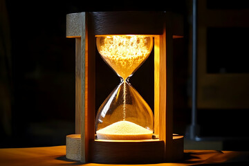 Hourglass in dim lighting, showcasing the concept of time running out and deadline urgency with grains of sand flowing