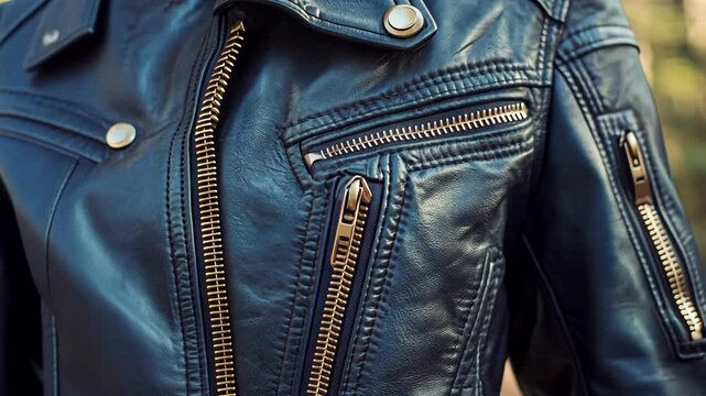 Stylish leather jacket with detailed stitching and zippers showcasing craftsmanship in fashion design during autumn weather