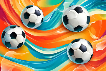 Dynamic soccer balls on a vibrant abstract background with flowing waves