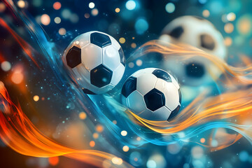 Dynamic soccer balls on a vibrant abstract background with flowing waves