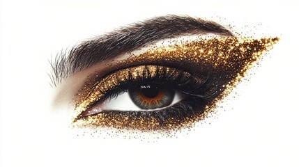Golden glitter eye makeup with artistic design and striking detail