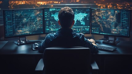 Cyber Security Engineer Working Late Night Monitoring Network Traffic on Multiple Computer Screens.