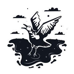 Black and white illustration of a seabird trying to fly out of a puddle of oil. A symbol of ocean pollution, environmental disaster, damage to wildlife.