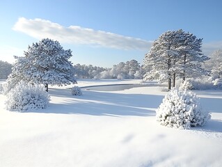 Snow Covered Winter Golf Course Landscape Trees