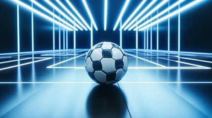 Naklejka premium Futsal ball centered in a futuristic indoor soccer stadium with glowing white field lines 3D illustration
