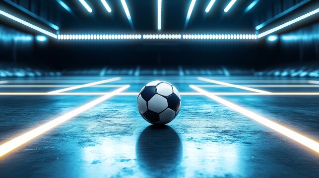 Futsal ball centered in a futuristic indoor soccer stadium with glowing white field lines 3D illustration