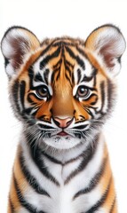 Fototapeta premium Cute tiger cub with striking orange and black fur against a white background