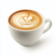 A single coffee cup with latte art, isolated on white background.
