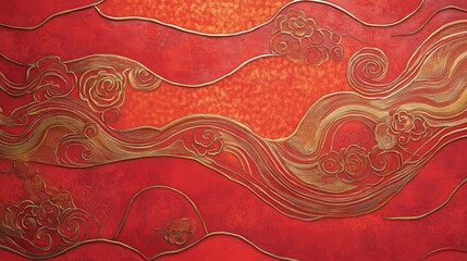Vibrant red background with swirling gold trails and subtle patterns of traditional Lunar New Year motifs.