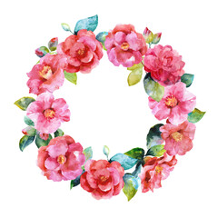 Pink camellia wreath with emerald leaves, buds, hand drawn watercolor illustration isolated on white