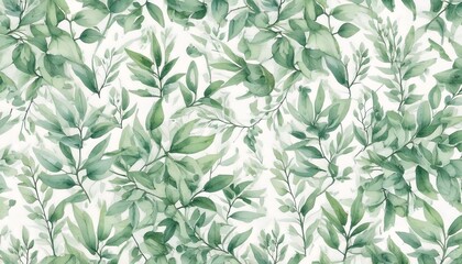 Seamless watercolor floral pattern - green leaves and branches composition on white background, perfect for wrappers, wallpapers, postcards, greeting cards, wedding invitations, romantic events.