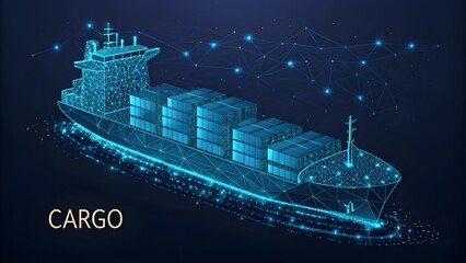Fototapeta premium Abstract low poly 3d cargo ship isolated in dark blue background. Container ships, transportation, logistics or international shipping concept. Digital vector mesh illustration 