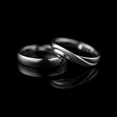 Elegant wedding rings, platinum, diamond, reflection.