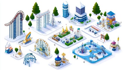 Isometric amusement park vector illustration showcasing various attractions and rides
