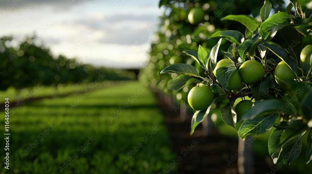 Poster a row of trees with green leaves and apples hanging from them