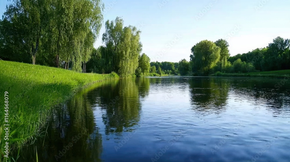 Poster a calm lake with trees in the background