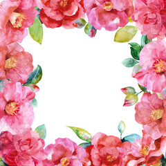 Pink camellia frame with emerald leaves, buds, hand drawn watercolor illustration isolated on white