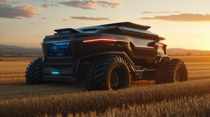 Fototapeta premium A futuristic vehicle in a golden field at sunset, showcasing advanced technology and design.