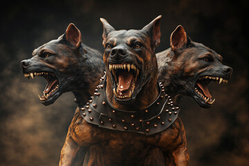 Cerberus hell hound Mythological three-headed dog the guard of the entrance to hell. Hound of Hades with chain on his neck. Standing pose, front view.
