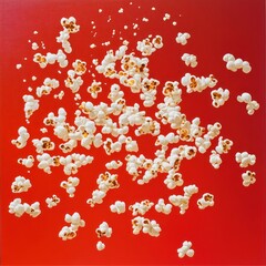 Scattered popcorn on red background. (1)