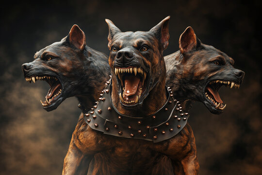 Cerberus hell hound Mythological three-headed dog the guard of the entrance to hell. Hound of Hades with chain on his neck. Standing pose, front view.
