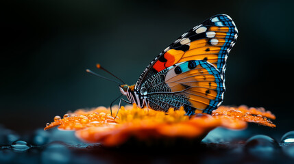 Obraz premium Butterfly rests delicately on vibrant blooming flower amid gentle raindrops