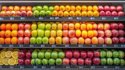 Fresh fruits neatly arranged on supermarket shelves.