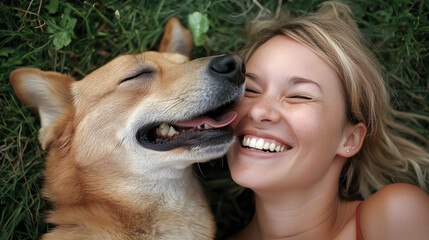 Dog licking its owner s face as they laugh together on the grass