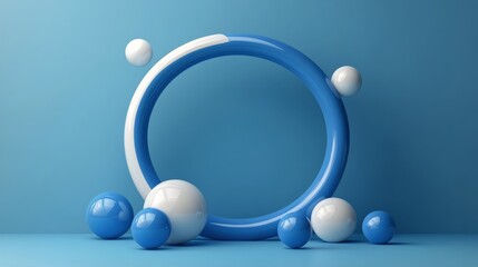 Colorful 3D shapes and orbs arranged creatively on a blue background