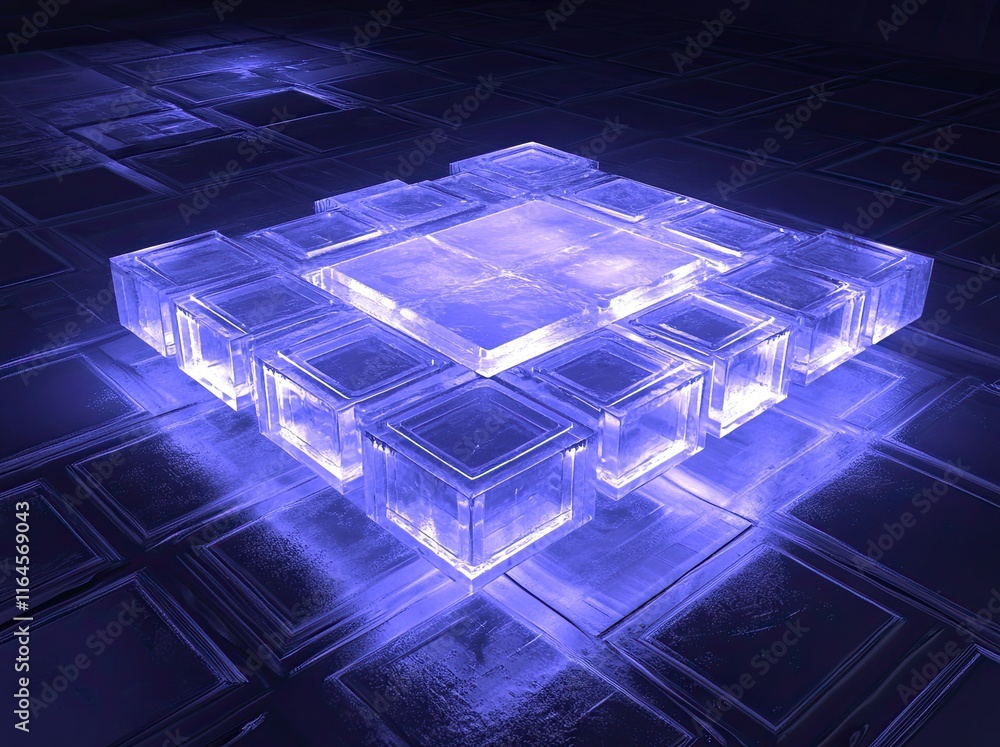 Poster a 3d rendering featuring glowing lines forming a tunnel, illuminated by neon lights, set against an 