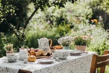 peaceful outdoor breakfast setup in a cottage garden, with rustic wooden furniture and floral tableware